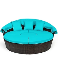 Gymax Cushioned Patio Rattan Round Daybed w/ Adjustable Table 3 Pillows