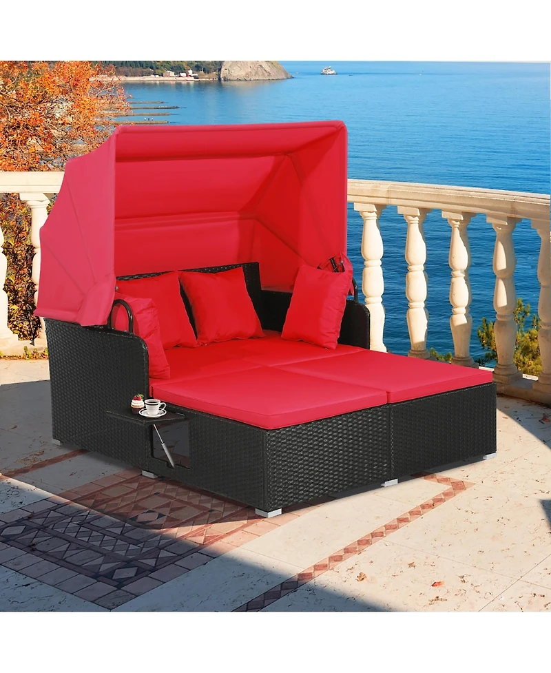 Gymax Patio Hand-Woven Pe Wicker Daybed Outdoor Loveseat Sofa Set w/ Cushions