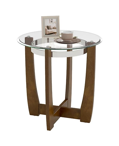 Sugift 24 Inches Round Side Table with Tempered Glass Top and Solid Rubber Wood Base-Walnut