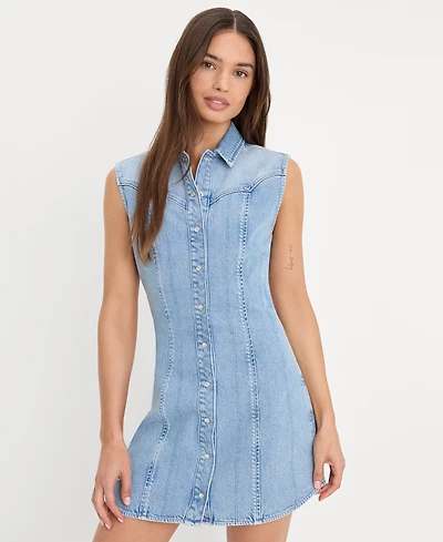 Good American Women's Sleeveless Collared Neck Denim Dress
