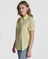 Dkny Jeans Petite Rolled Short-Sleeve Button-Up Shirt