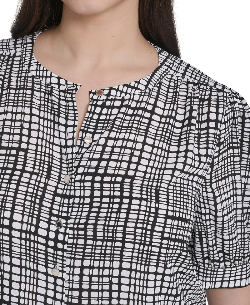 Calvin Klein Plus Printed Short-Sleeve Button-Down Blouse