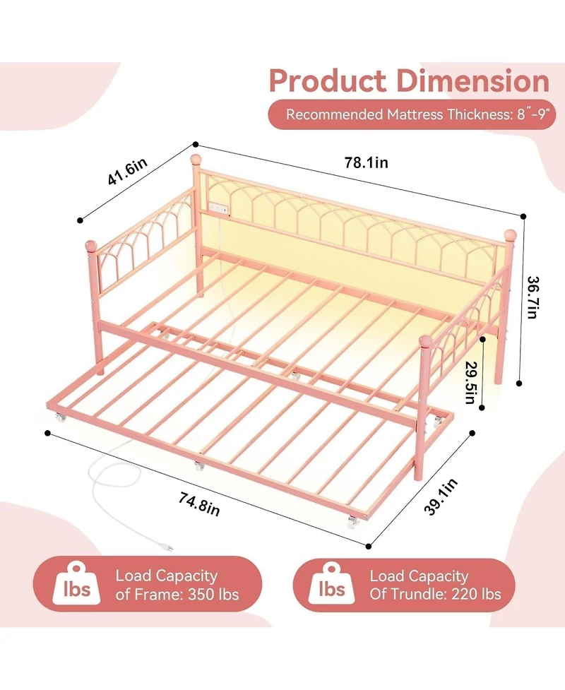 gaomon Twin Daybed with Trundle, Heavy Duty Metal Sofa Bed Frame with Charging Station & Led Lights