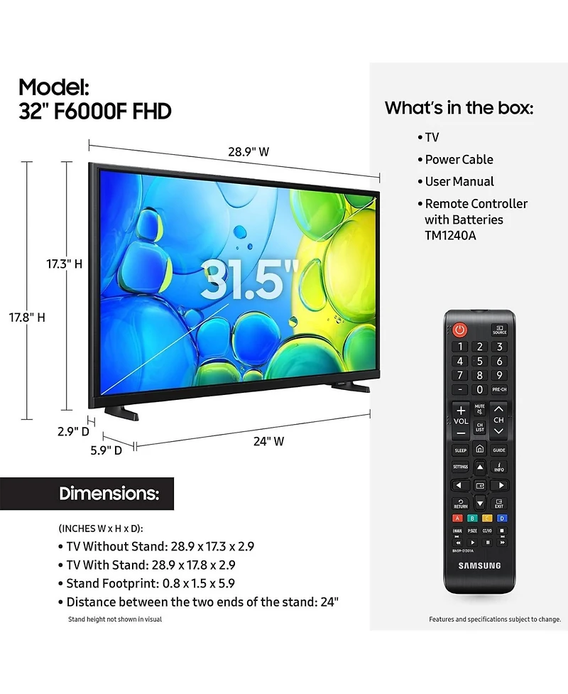Samsung UN32F6000FFXZA 32 Inch Fhd Smart Tv with Mega Contrast with a Year Amber Protection Plan (2025