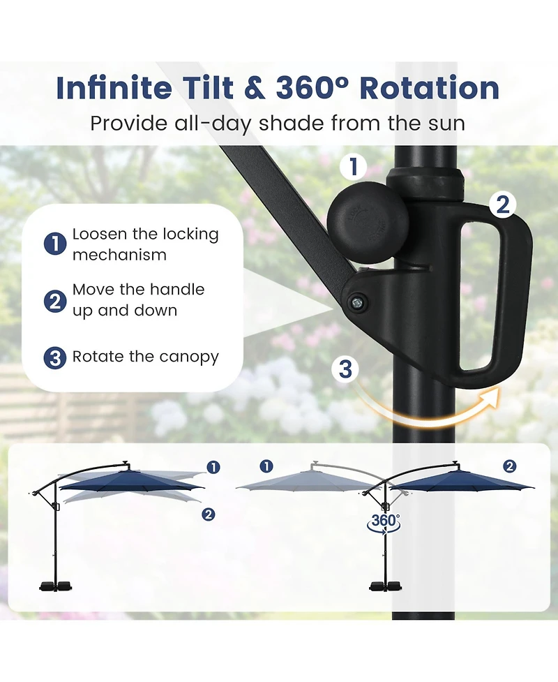 Sugift 10 ft Solar Offset Hanging Umbrella with Base and Led Lights