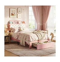 gaomon Twin Bed Frames, Velvet Upholstered Platform Bed with Biscuit Tufted Storage Headboard, Drawer, Sturdy Wood Slats, No Box Spring Needed, Easy