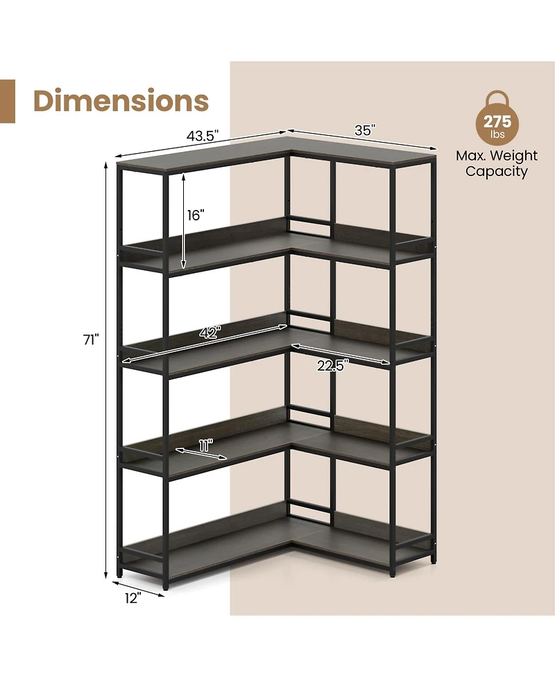 Slickblue 5-Tier L-Shaped Corner Bookshelf with Metal Frame