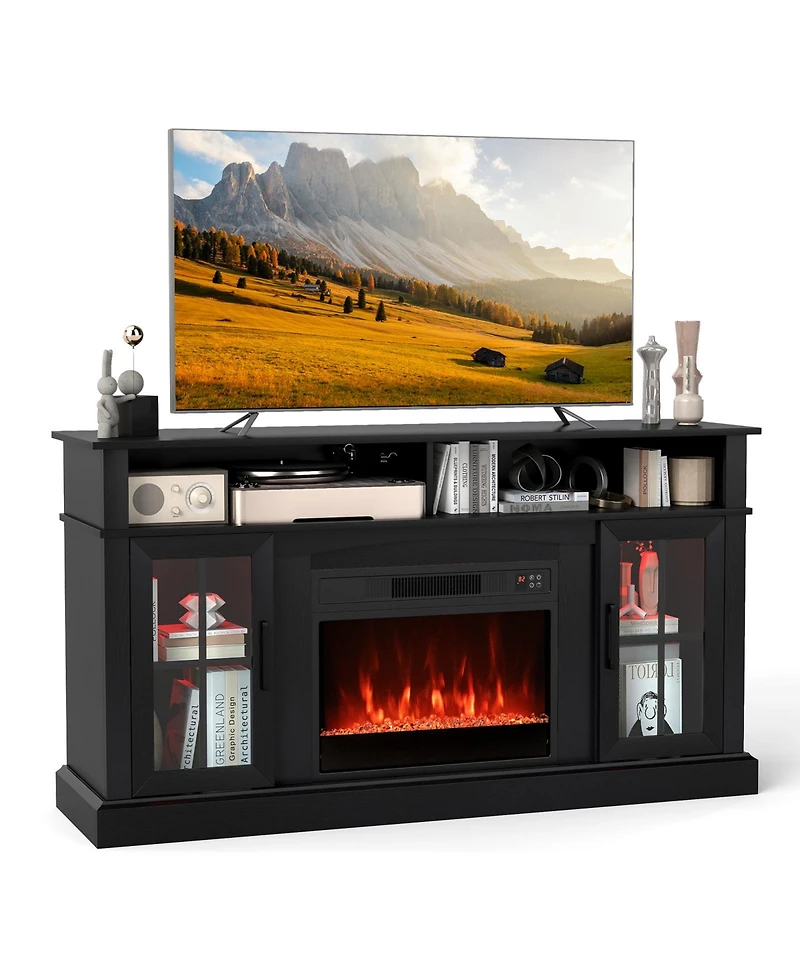 Sugift 58 in Fireplace Tv Stand with Led Lights and Glass Doors