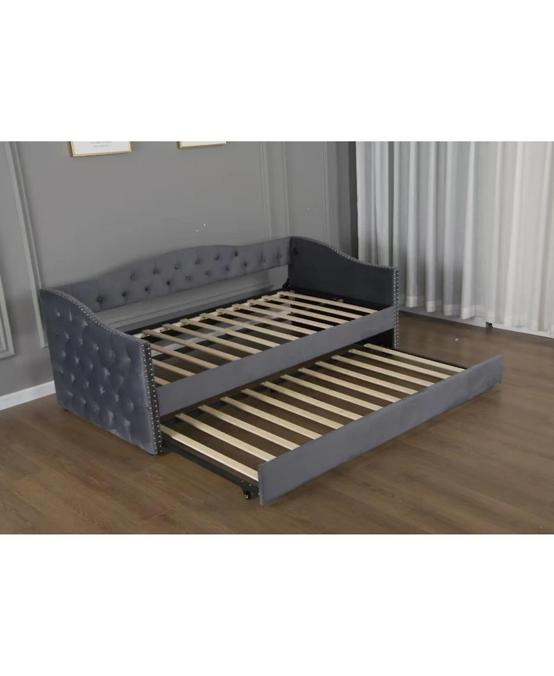 flynama Twin Size Velvet Upholstered Daybed With Trundle 2 Usb Charging Sturdy Wood Slats