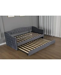 flynama Twin Size Velvet Upholstered Daybed With Trundle 2 Usb Charging Sturdy Wood Slats