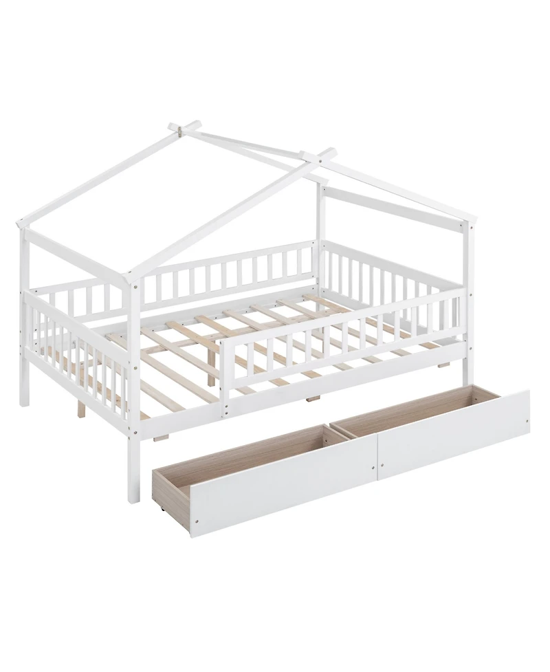 flynama Full Size Wooden House Bed Two Drawers