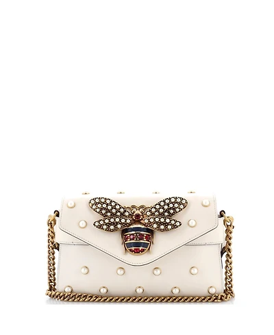 Pre-Owned Gucci Mini Broadway Pearly Bee Shoulder Bag Embellished Leather