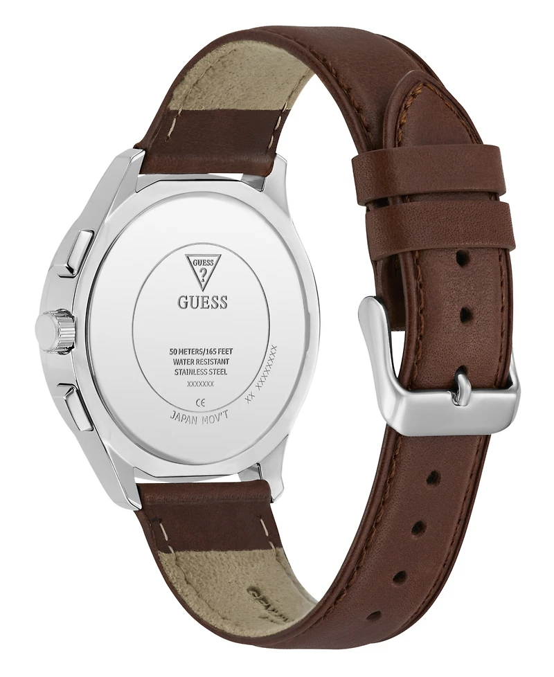 Guess Men's Silver-Tone Brown Leather Multi-Function Watch, 40mm