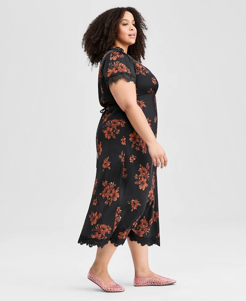 And Now This Trendy Plus Lace-Trim Floral Satin Midi Dress, Macy's Exclusive