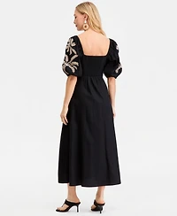 I.n.c. International Concepts Women's Linen-Blend Embroidered Puff-Sleeve Midi Dress, Macy's Exclusive