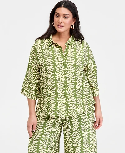 I.n.c. International Concepts Plus Printed 3/4-Sleeve Button-Front Shirt, Macy's Exclusive