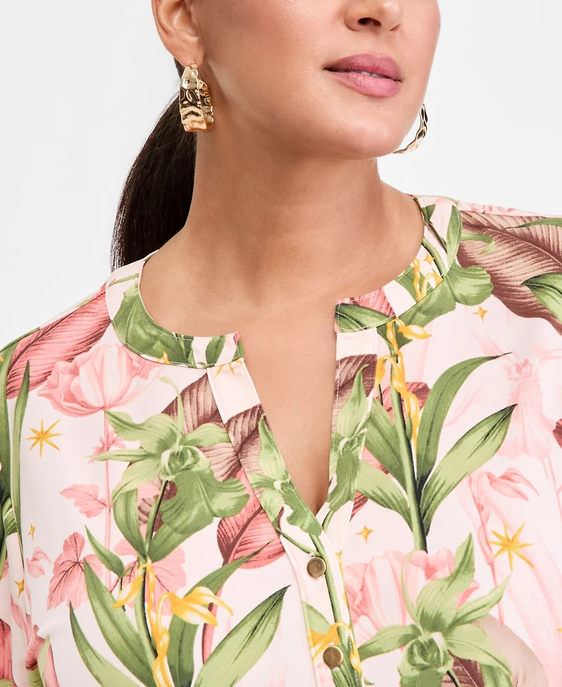 I.n.c. International Concepts Plus Size Printed Split-Neck Long-Sleeve Top, Macy's Exclusive