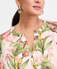 I.n.c. International Concepts Plus Size Printed Split-Neck Long-Sleeve Top, Macy's Exclusive