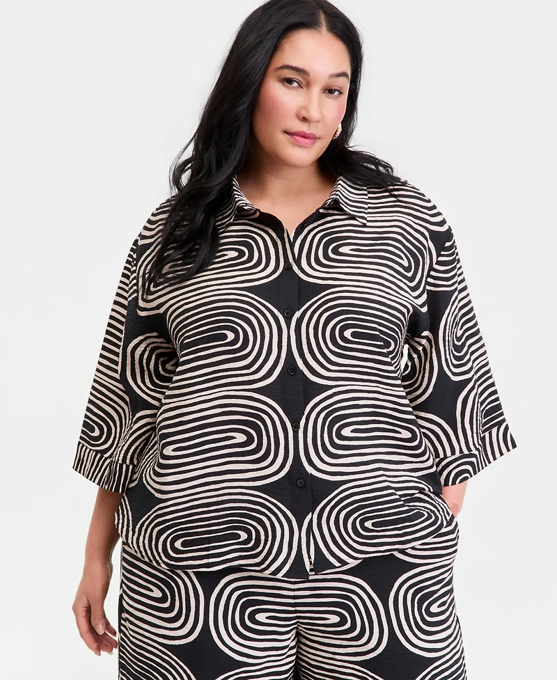 I.n.c. International Concepts Plus Printed 3/4-Sleeve Button-Front Shirt