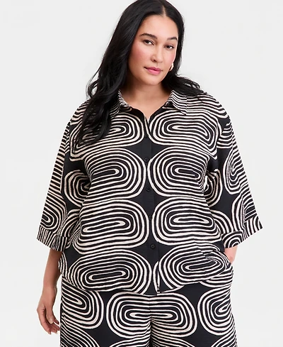 I.n.c. International Concepts Plus Printed 3/4-Sleeve Button-Front Shirt