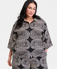 I.n.c. International Concepts Plus Printed 3/4-Sleeve Button-Front Shirt
