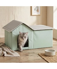 Zeus and Ruta Foldable Heated Cat House with Warmer Pad Large Kitty Shelter Green
