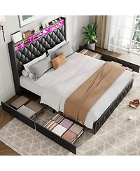 gaomon Queen Upholstered Platform Bed Frame with 4 Drawers, Nailhead Headboard, Charging Station, Led Lights, No Box Spring