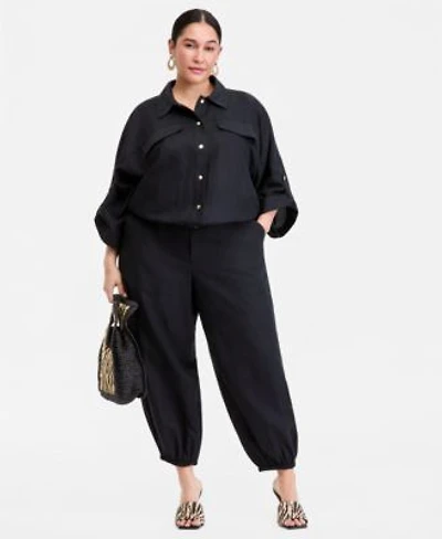 I.N.C. International Concepts Plus Size Roll Tab Sleeve Snap Front Shirt Jacket High Rise Balloon Leg Pants Macys Exclusive