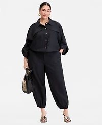 I.N.C. International Concepts Plus Size Roll Tab Sleeve Snap Front Shirt Jacket High Rise Balloon Leg Pants Macys Exclusive