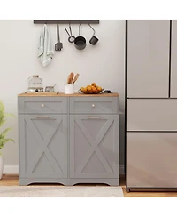 Sugift Tilt Out Trash Can Cabinet with Power Outlets and Shelf