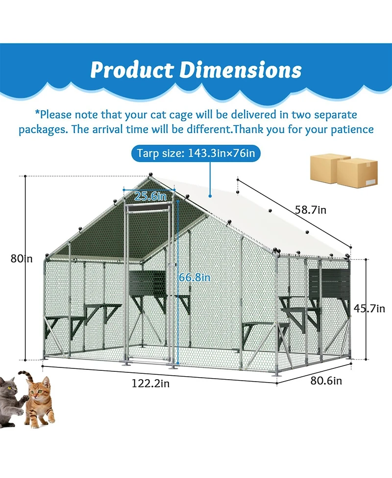 Zeus and Ruta 3 x 2/6 m Outdoor Metal Cat Cage With Diy Solid Wood Platform Double Safety Lock and Waterproof Tarp