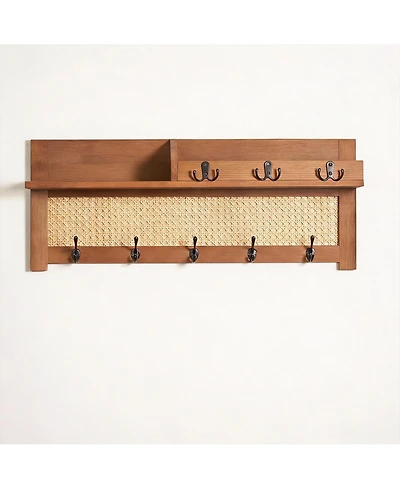 Yigii Pine & Rattan Wall Organizer - Decorative Storage for Coats & Keys