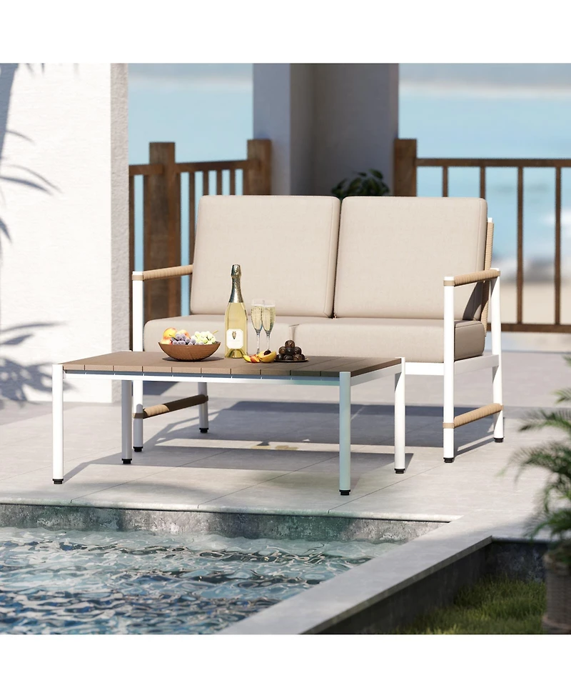 Gouun Outdoor Loveseat Sofa and Coffee Table Set with Thick Seat Cushions
