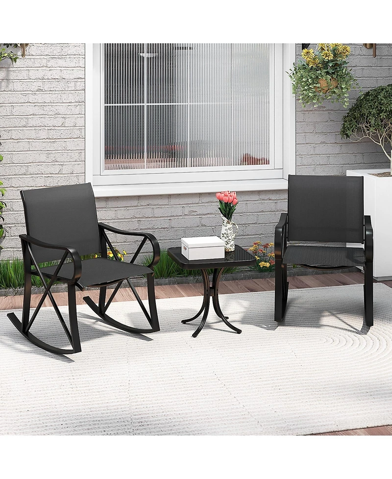 Gouun 3-Piece Patio Rocking Chair Set with Tempered Glass Side Table