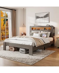 Rainsken Queen Size Platform Bed Frame, Wooden Bed with Led Light Headboard, Usb Ports and Spacious Under-Bed Storage for Bedroom