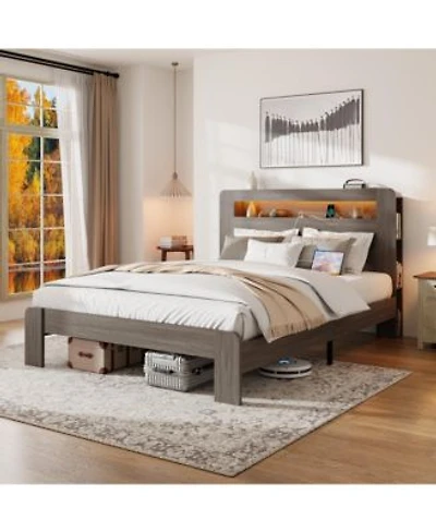 Rainsken Queen Size Platform Bed Frame Wooden Bed With Led Light Headboard Usb Ports Spacious Under Bed Storage For Bedroom