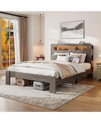 Rainsken Queen Size Platform Bed Frame Wooden Bed With Led Light Headboard Usb Ports Spacious Under Bed Storage For Bedroom