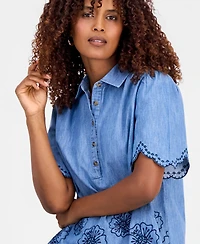Style & Co Women's Cotton Chambray Embroidered-Trim Shirt, Macy's Exclusive