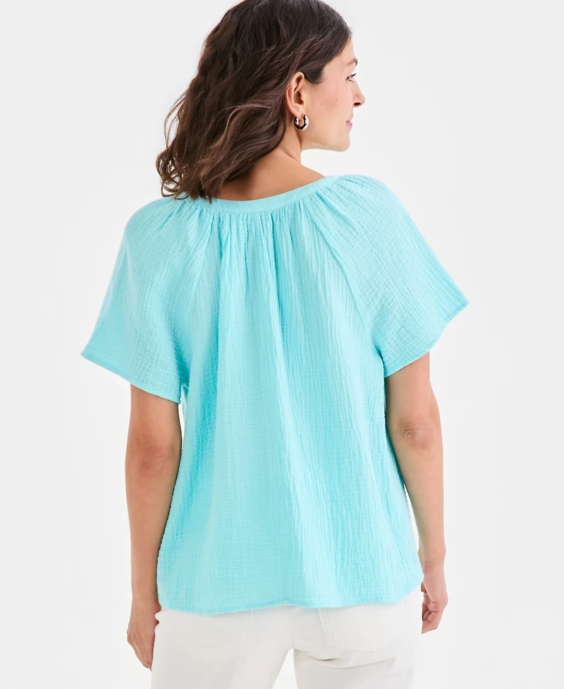 Style & Co Petite Solid Gauge Flutter Short-Sleeve Cotton Top, Macy's Exclusive