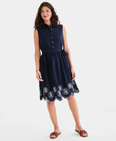 Style & Co Women's Sleeveless Embroidered-Hem Shirtdress, Macy's Exclusive