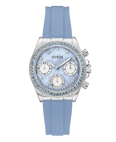 Guess Women's Silver-Tone Sky Blue Silicone Multi-Function Watch, 36mm