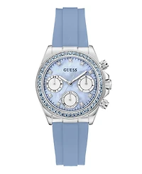 Guess Women's Silver-Tone Sky Blue Silicone Multi-Function Watch, 36mm