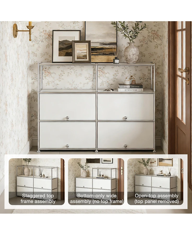 Mega Casa Multi-Purpose Storage Cabinet with Double Drawers and Open Display Shelf, Modern Metal Frame Console for Entryway or Living Room