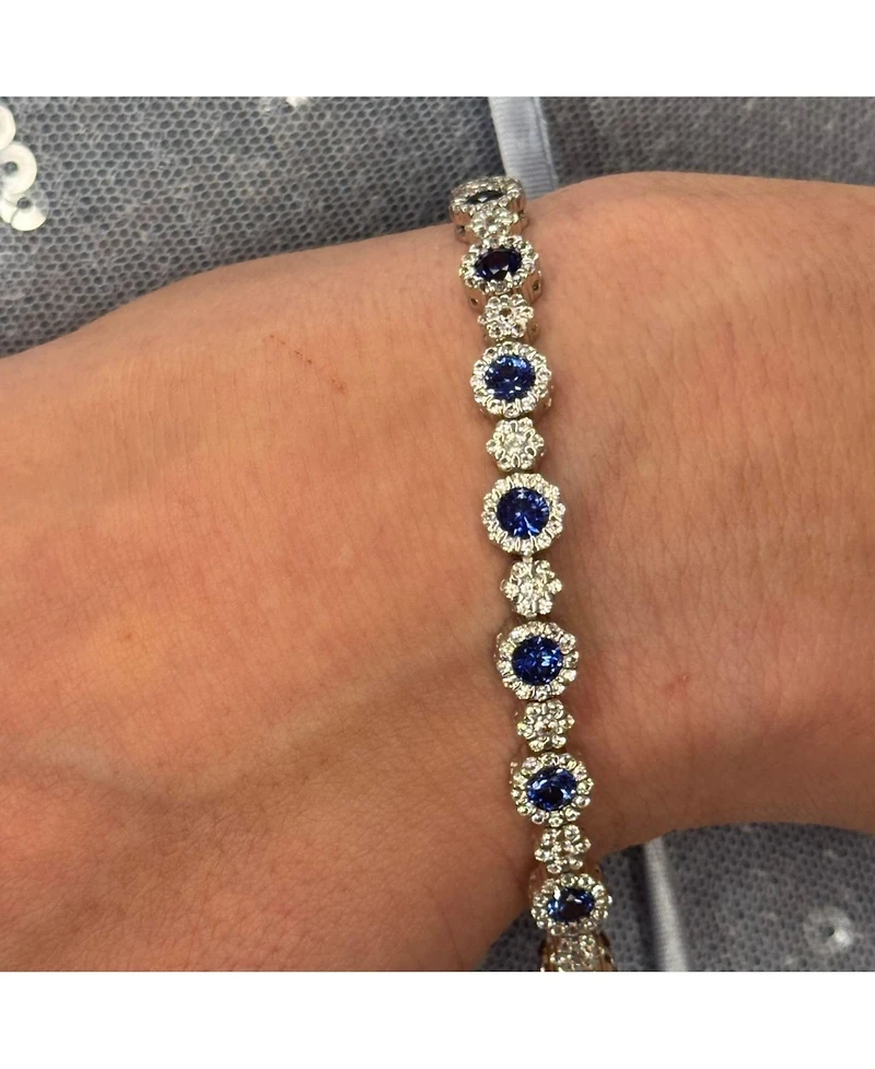 Suzy Levian New York Sterling Silver Sapphire & Created White Round Halo Cluster Tennis Bracelet