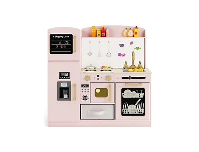 Hongge Wooden Kids Kitchen Playset with Chalkboard, Ice Maker, Sink, Microwave.