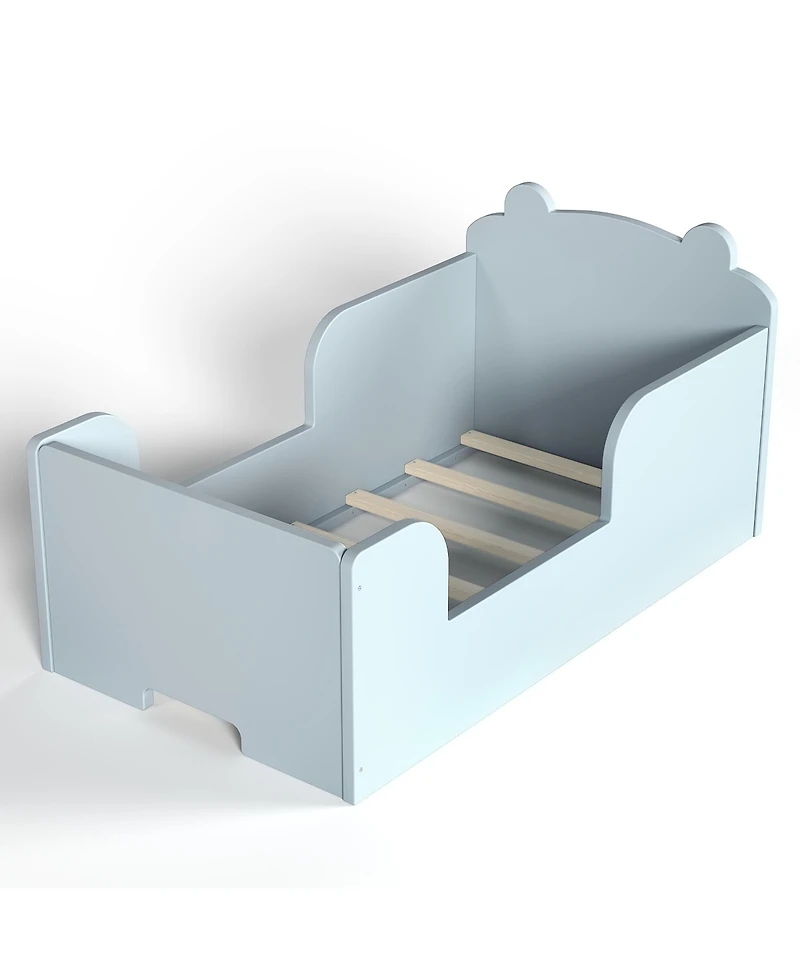 Rainsken Twin Size Wood Kids Floor Platform Bed Frame, Toddler Bed with Safety Guardrails and Bear-Shaped Headboard for Boys and Girls Ages 3-6