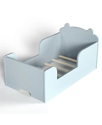 Rainsken Twin Size Wood Kids Floor Platform Bed Frame, Toddler Bed with Safety Guardrails and Bear-Shaped Headboard for Boys and Girls Ages 3-6