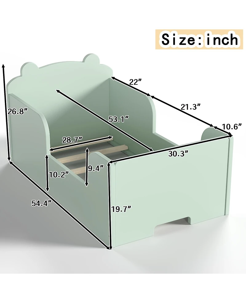 Rainsken Twin Size Wooden Kids Floor Bed, Platform Bed Frame with Safety Guard Rails and Adorable Bear Headboard for Toddler Boys and Girls Ages 3-6