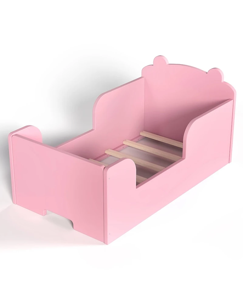 Rainsken Twin Size Wooden Kids Floor Bed Frame, Platform Bed with Bear Headboard and Safety Rails for Boys Girls Ages 3-6