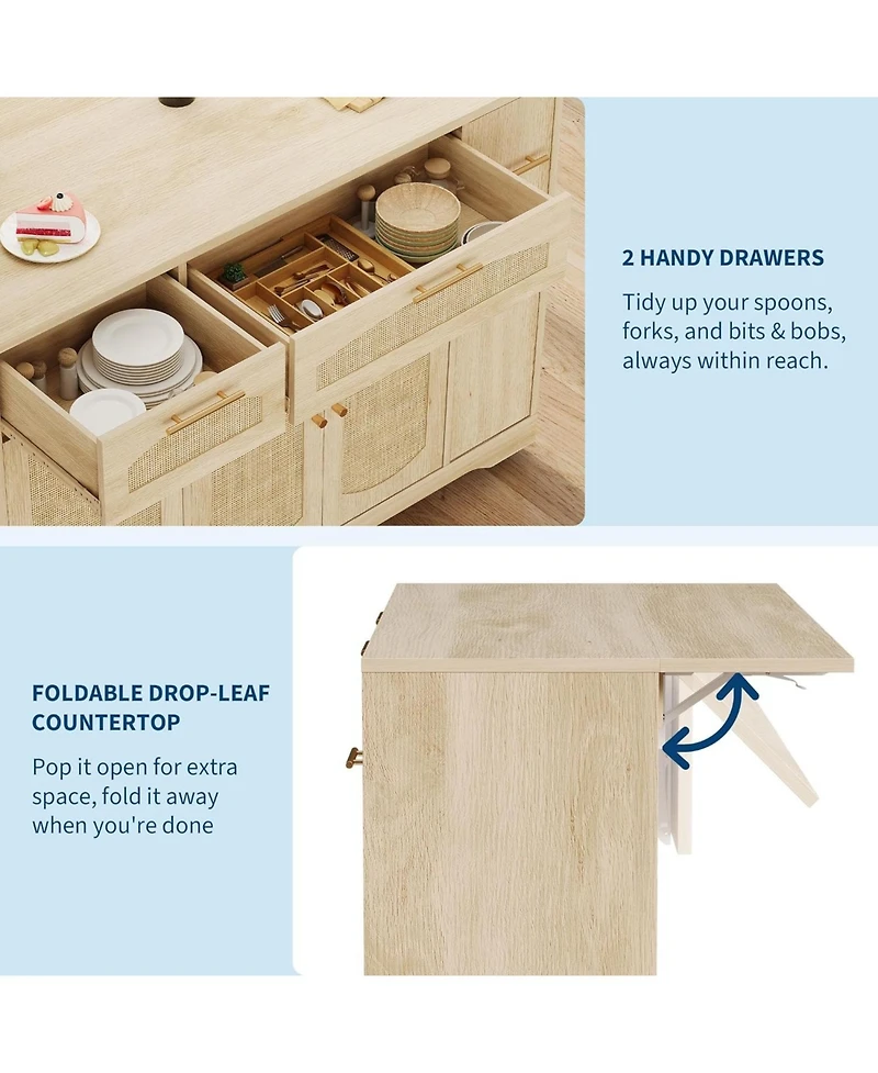 gaomon Rattan Rolling Kitchen Island Table on Wheels with Drop Leaf, Tilt Out Trash Can Cabinet 2 Door, Storage Cabinet, Drawer, Spice Rack